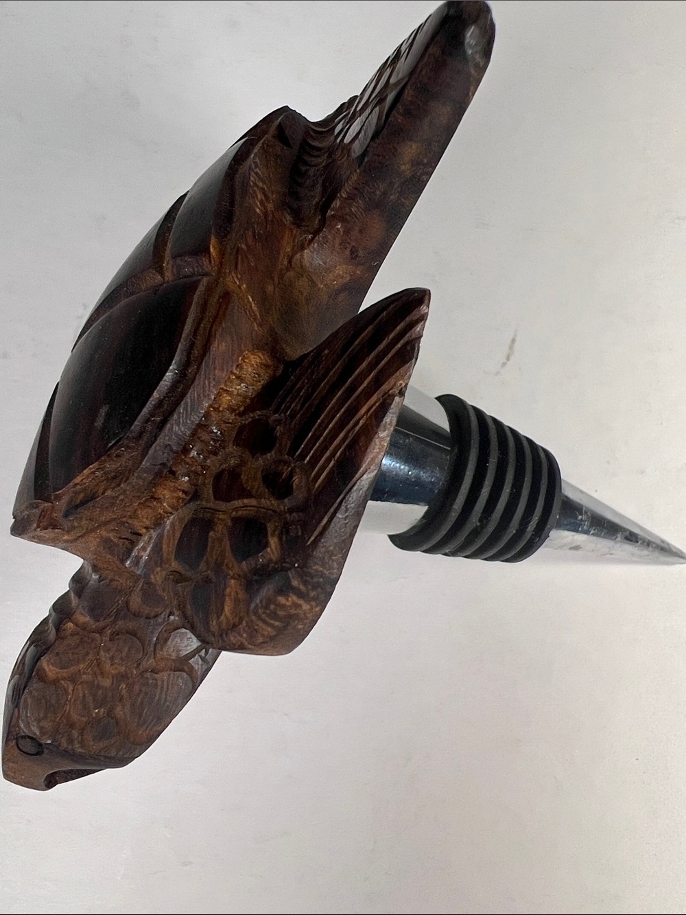 Carved Wood Turtle Wine Bottle Stopper - Brown